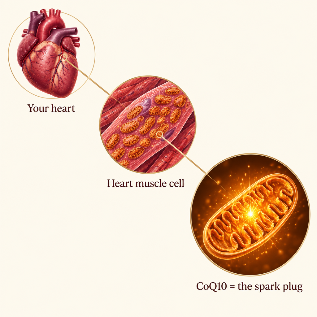 Heart to muscle cell to mitochondria: CoQ10 is the spark plug